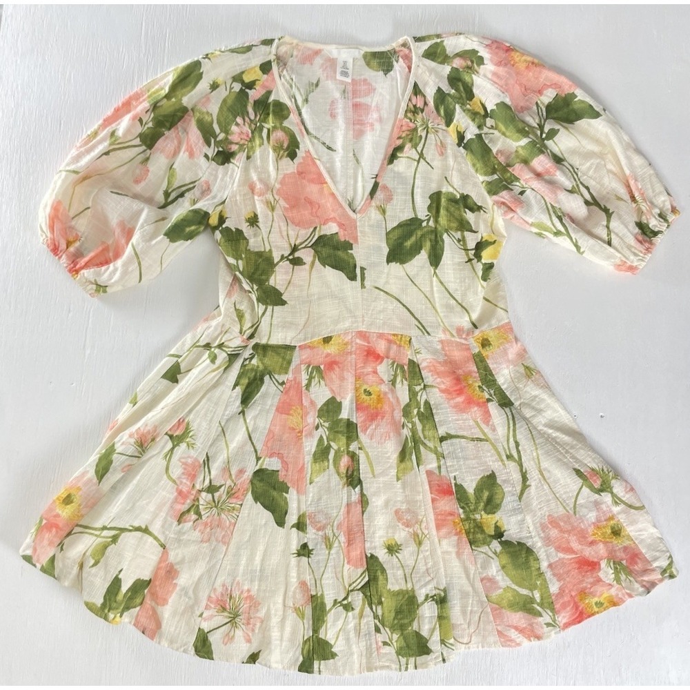 H&M Floral Mini Dress Puff Sleeves Flowy‎ V Neck Women's Size S Garden Party